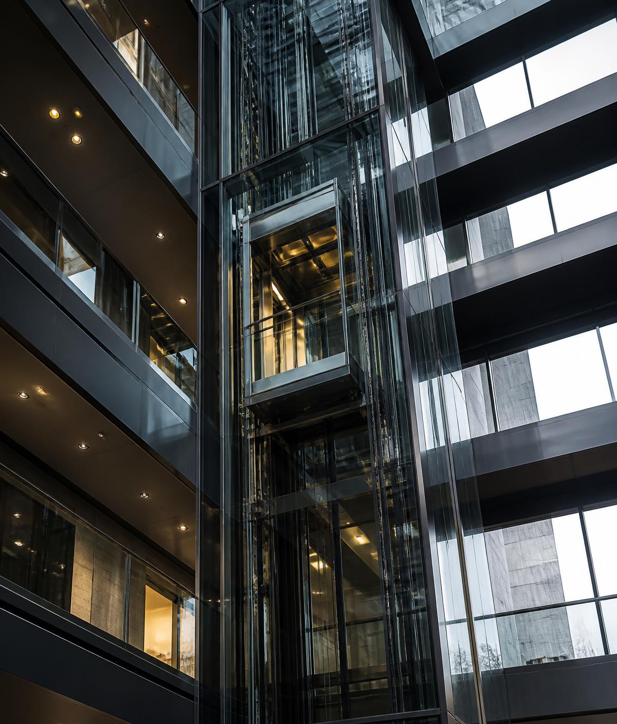 Glass elevator shaft rising through a modern commercial building atrium