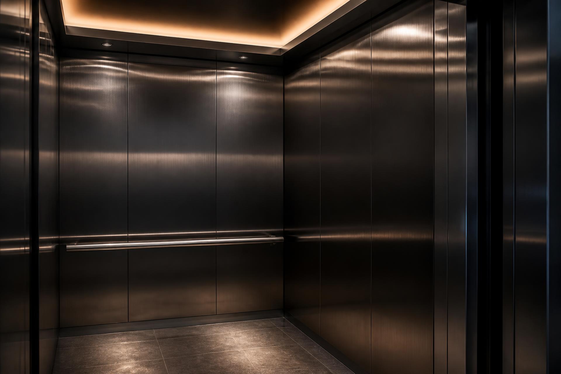 Interior of a premium stainless steel elevator cabin with warm accent lighting